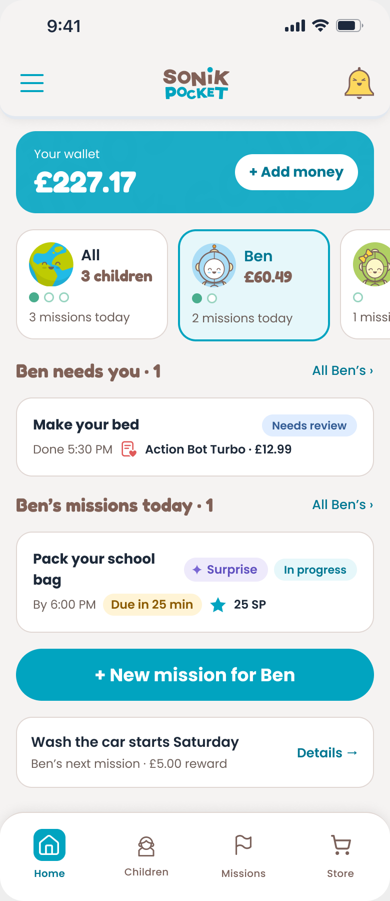 A guardian’s Home: their wallet, a card for each child, a mission that needs review and a button to set a new mission.